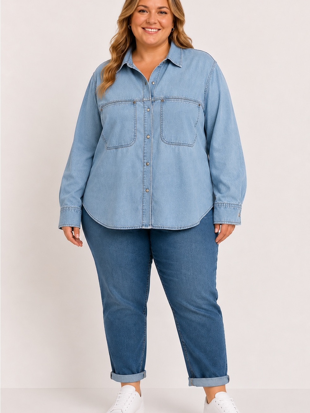 NWT Hue 3X Light Wash Chambray Denim Shirt Lyocell Cotton Coastal Chic Utility